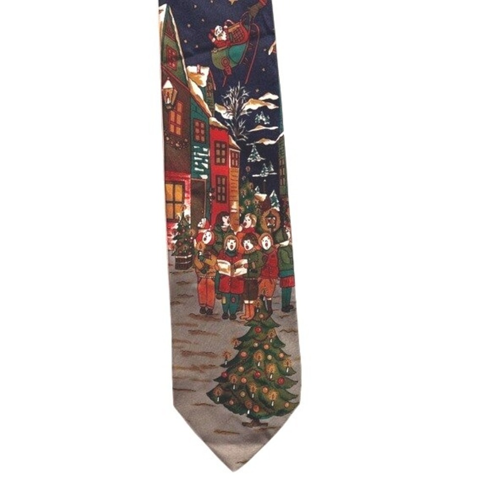 Men's Stafford Christmas Holiday Carolers Santa Sleigh Italian Silk 58" Necktie